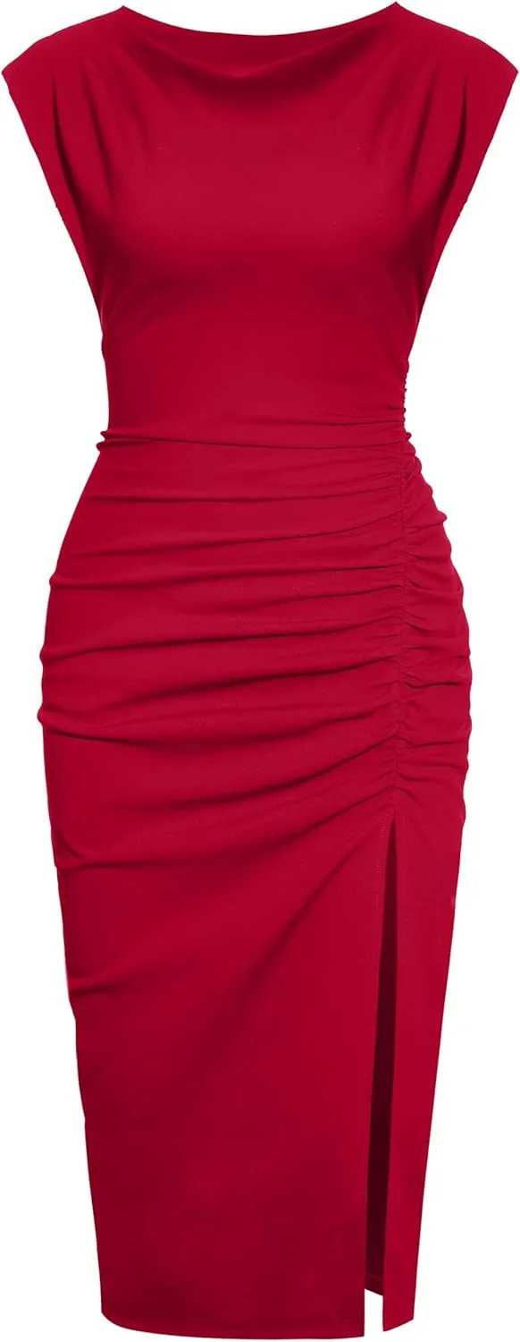 IHOT 2025 Women's Mock Neck Side Slit Ruched Bodycon Cocktail Party Wedding Guest Midi Dress
