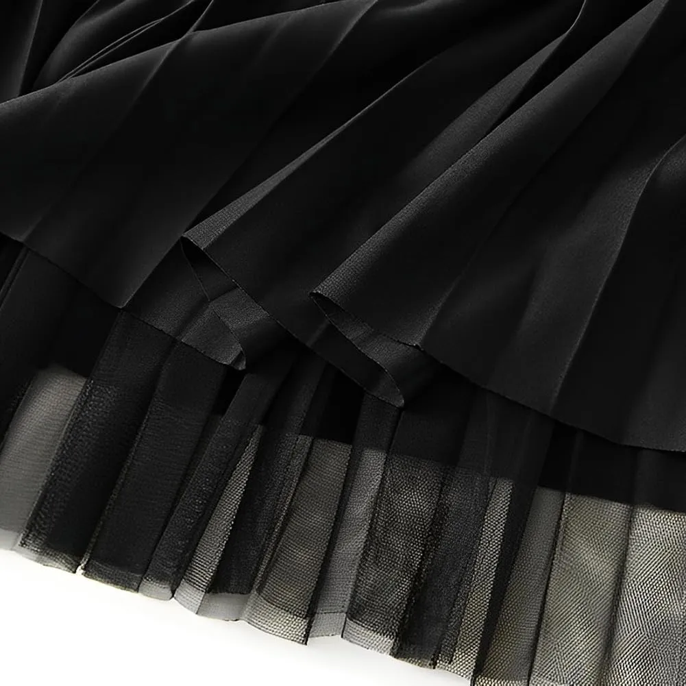 ikasus Women's Tulle Skirt Winter Reversible Stretchy Waist Knitted A Line Pleated Midi Skirt Elastic High Waist Midi Skirt, Black