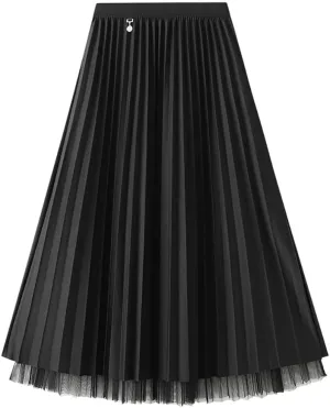 ikasus Women's Tulle Skirt Winter Reversible Stretchy Waist Knitted A Line Pleated Midi Skirt Elastic High Waist Midi Skirt, Black
