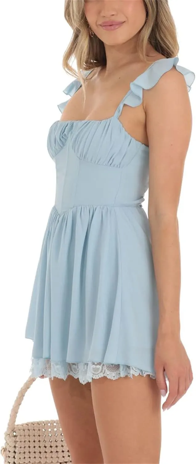 iTranyee Women Y2k Spaghetti Strap Mini Dress Fairycore A Line Graduation Dress Sexy Swing Ruffle Cocktail Party Dress