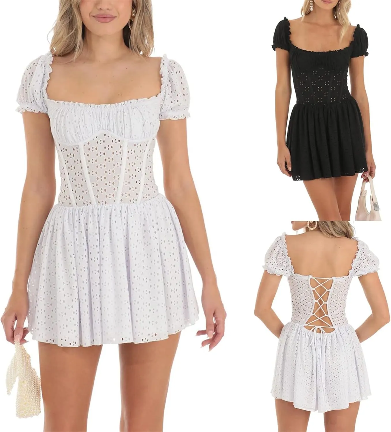 iTranyee Women Y2k Square Neck A Line Mini Dress Fairycore Short Sleeve Ruffle Swing Party Dress Concert Graduation Dress