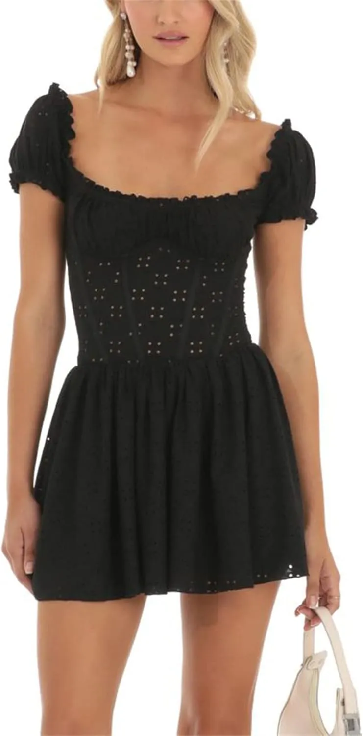 iTranyee Women Y2k Square Neck A Line Mini Dress Fairycore Short Sleeve Ruffle Swing Party Dress Concert Graduation Dress