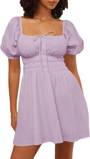iTranyee Women Y2k Square Neck A Line Mini Dress Fairycore Short Sleeve Ruffle Swing Party Dress Concert Graduation Dress