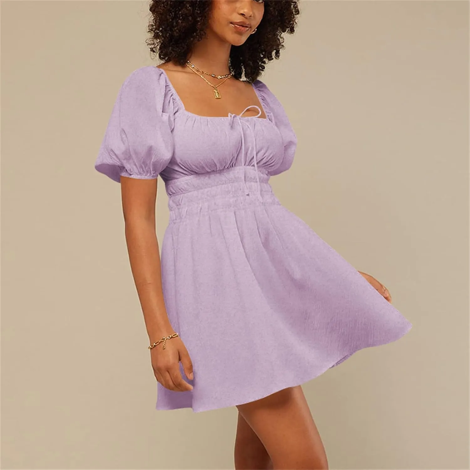 iTranyee Women Y2k Square Neck A Line Mini Dress Fairycore Short Sleeve Ruffle Swing Party Dress Concert Graduation Dress