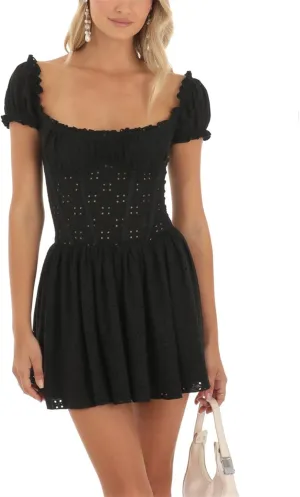 iTranyee Women Y2k Square Neck A Line Mini Dress Fairycore Short Sleeve Ruffle Swing Party Dress Concert Graduation Dress
