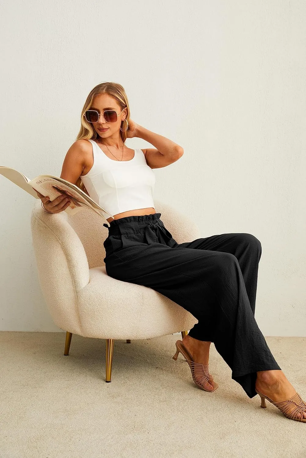 IWOLLENCE Women's Wide Leg Pants with Pockets High Waist Adjustable Knot Loose Casual Trousers Business Work Casual Pants