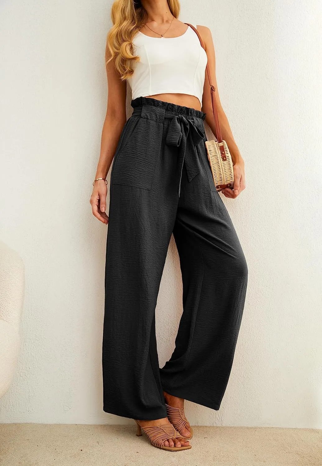 IWOLLENCE Women's Wide Leg Pants with Pockets High Waist Adjustable Knot Loose Casual Trousers Business Work Casual Pants