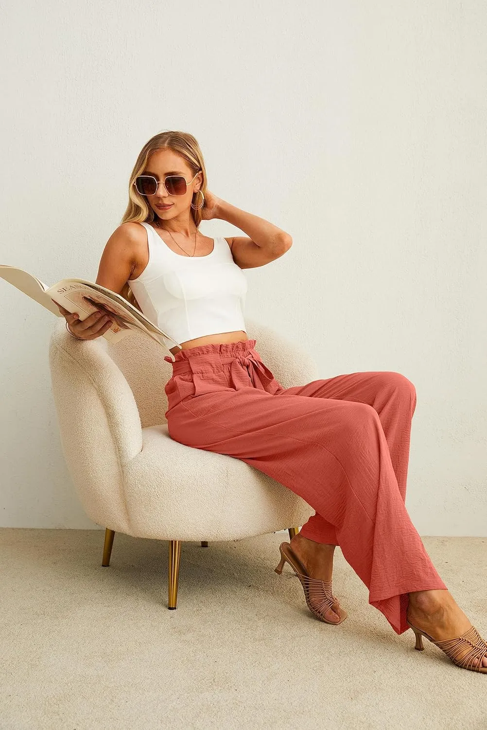 IWOLLENCE Women's Wide Leg Pants with Pockets High Waist Adjustable Knot Loose Casual Trousers Business Work Casual Pants