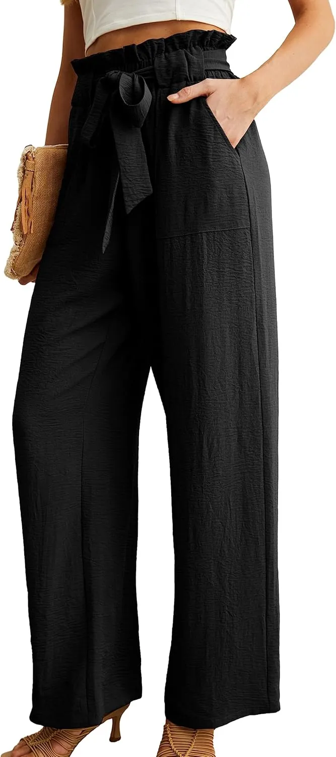 IWOLLENCE Women's Wide Leg Pants with Pockets High Waist Adjustable Knot Loose Casual Trousers Business Work Casual Pants