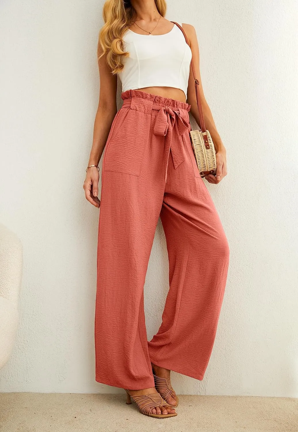 IWOLLENCE Women's Wide Leg Pants with Pockets High Waist Adjustable Knot Loose Casual Trousers Business Work Casual Pants