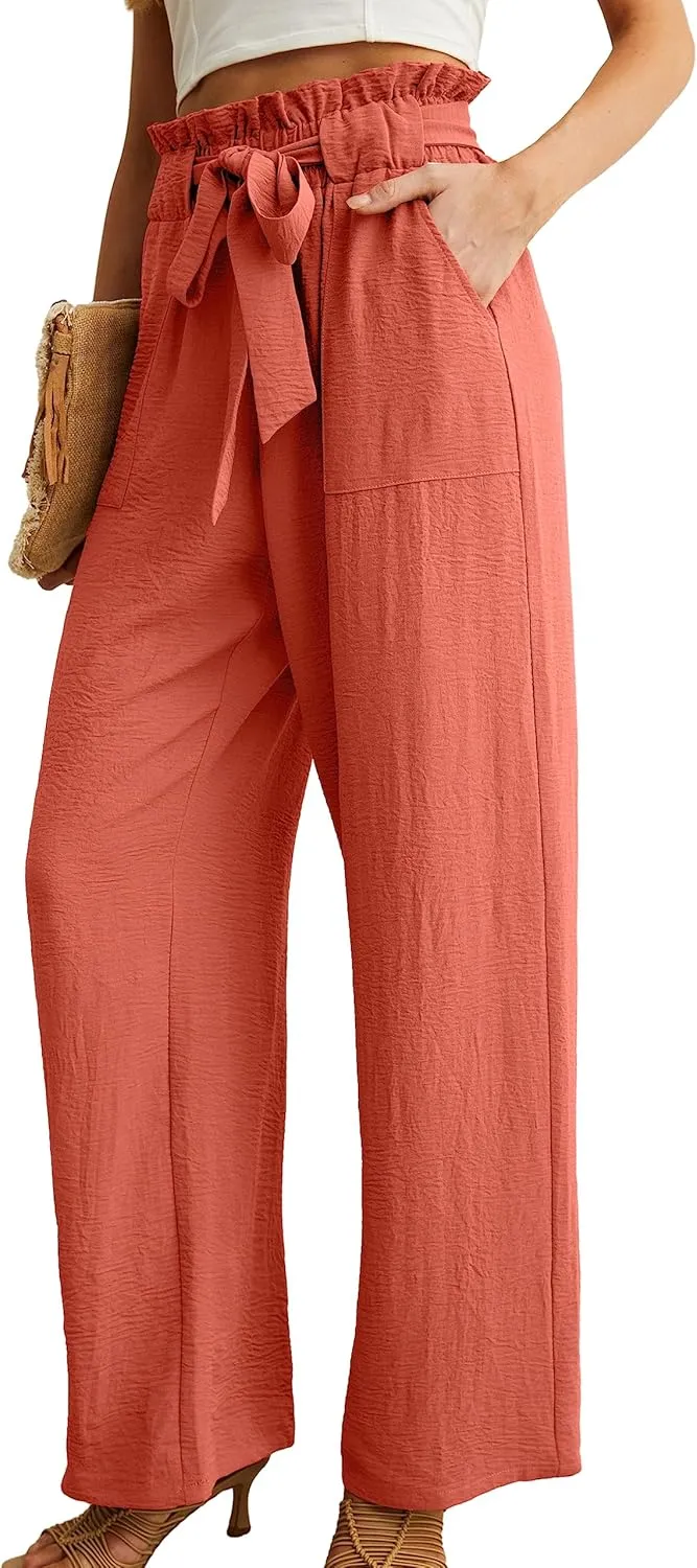 IWOLLENCE Women's Wide Leg Pants with Pockets High Waist Adjustable Knot Loose Casual Trousers Business Work Casual Pants