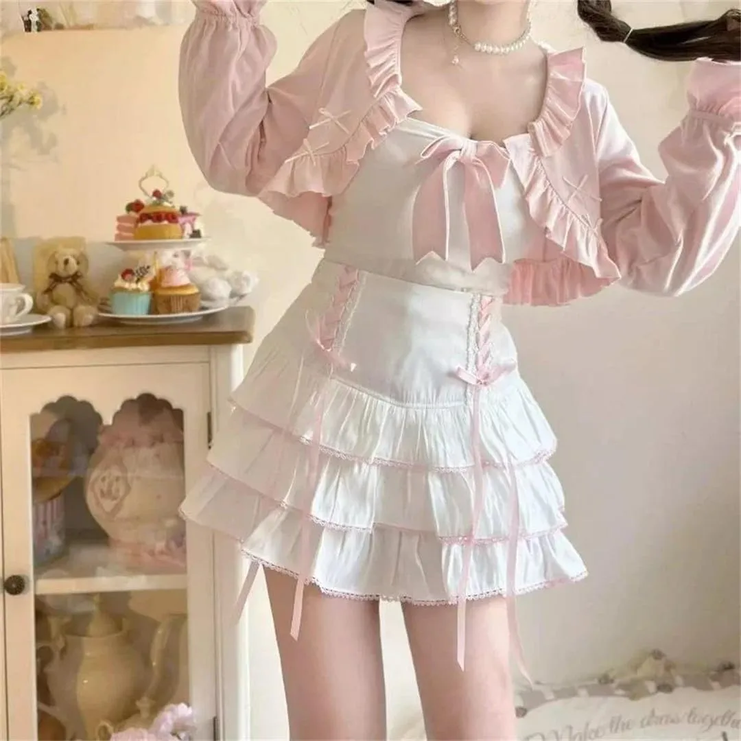 Japanese Style Pleated Skirts School Korean Women High Waist Pink Bandage Skirt