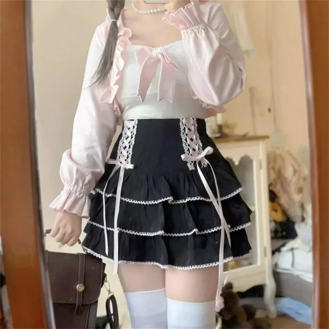 Japanese Style Pleated Skirts School Korean Women High Waist Pink Bandage Skirt