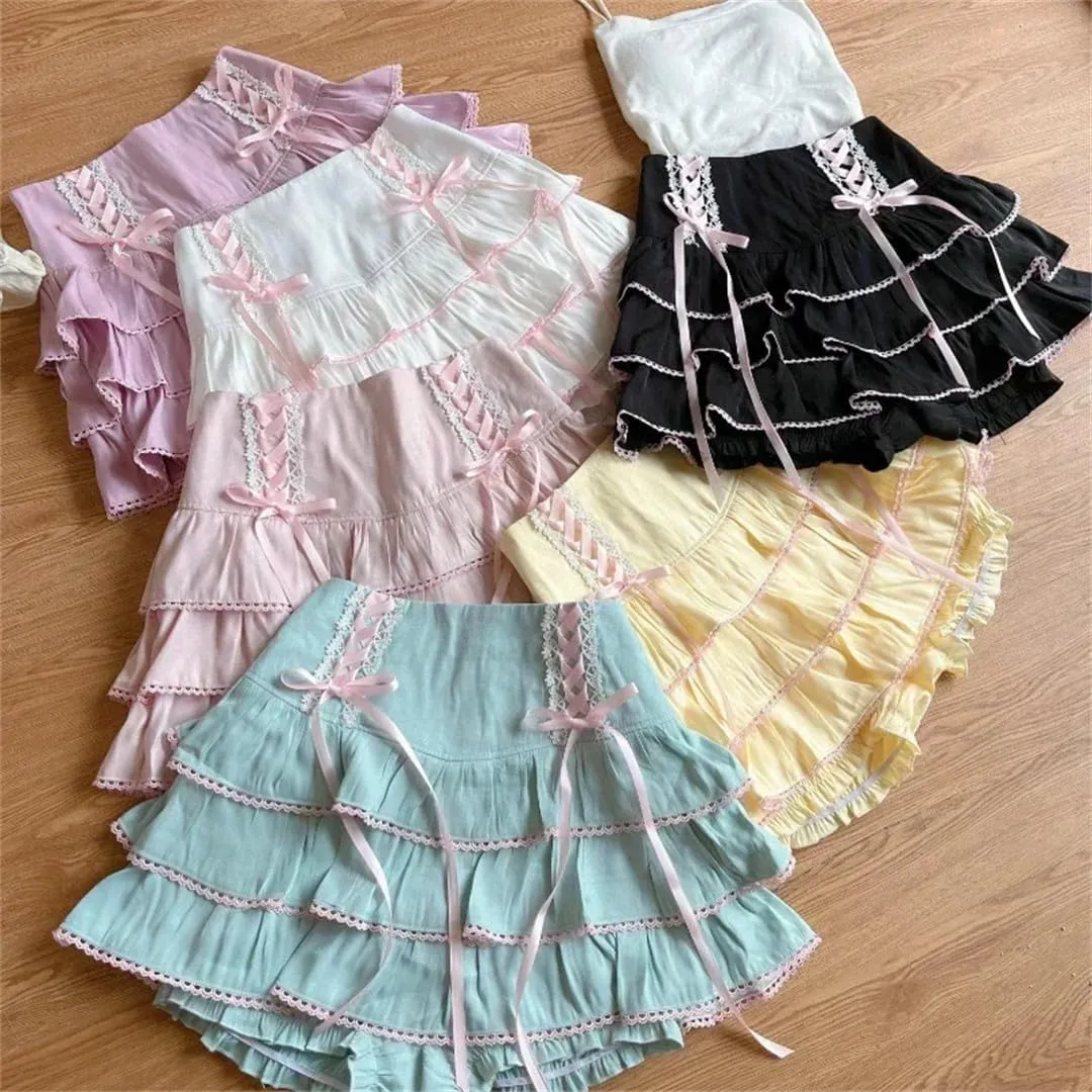 Japanese Style Pleated Skirts School Korean Women High Waist Pink Bandage Skirt