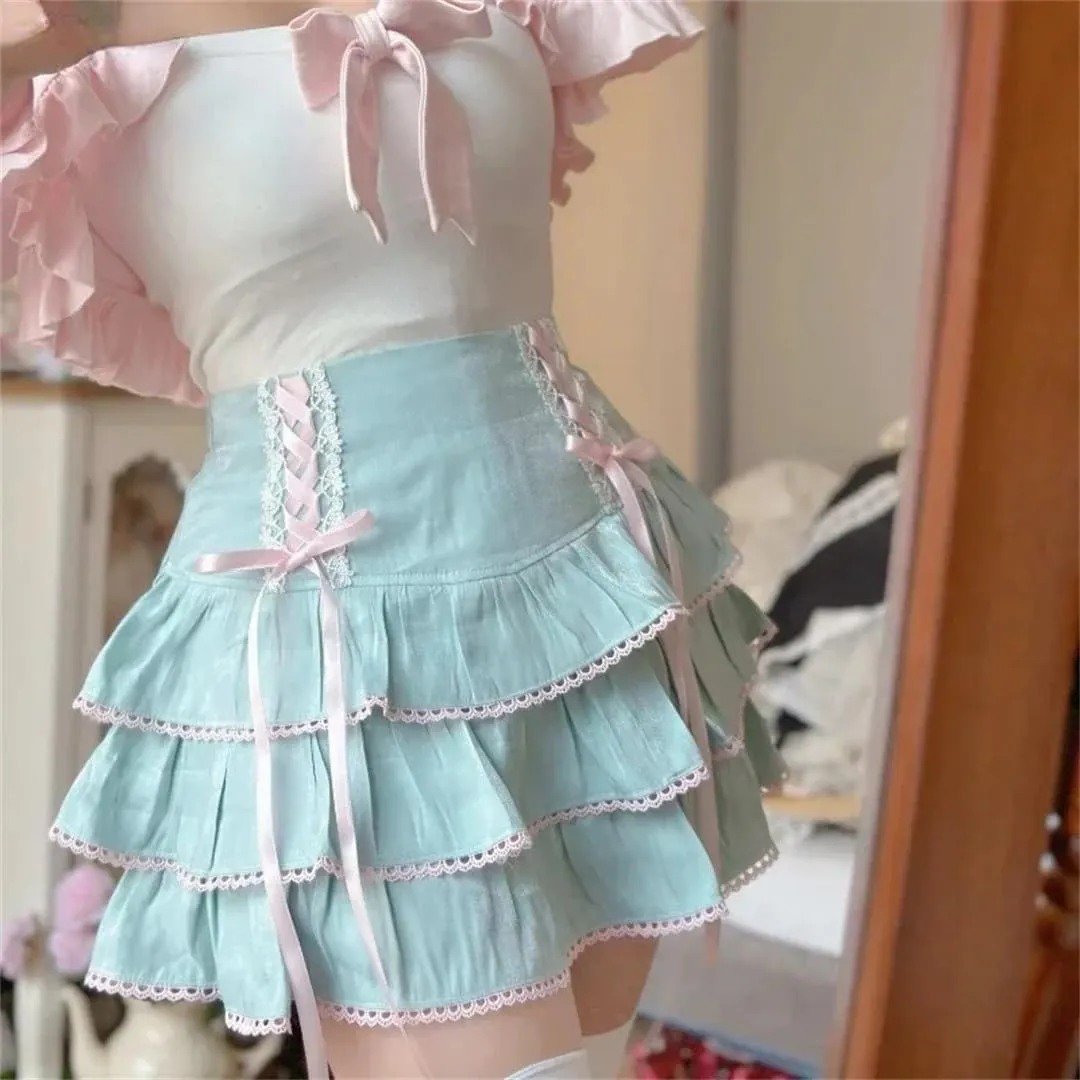 Japanese Style Pleated Skirts School Korean Women High Waist Pink Bandage Skirt
