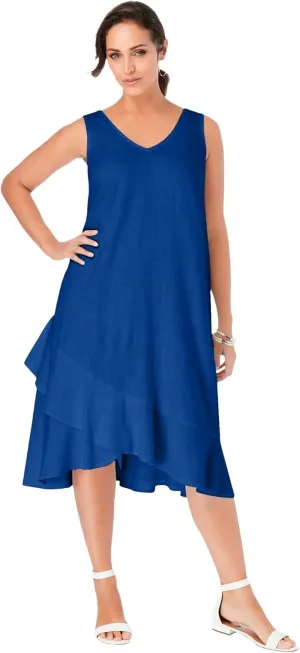 Jessica London Women's Plus Size Casual Lightweight A-Line Lightweight V Neck Linen Flounce Dress