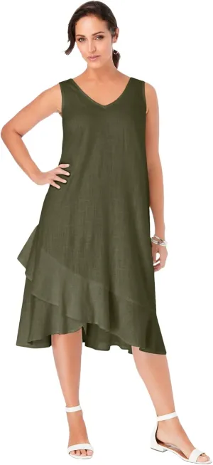 Jessica London Women's Plus Size Casual Lightweight A-Line Lightweight V Neck Linen Flounce Dress