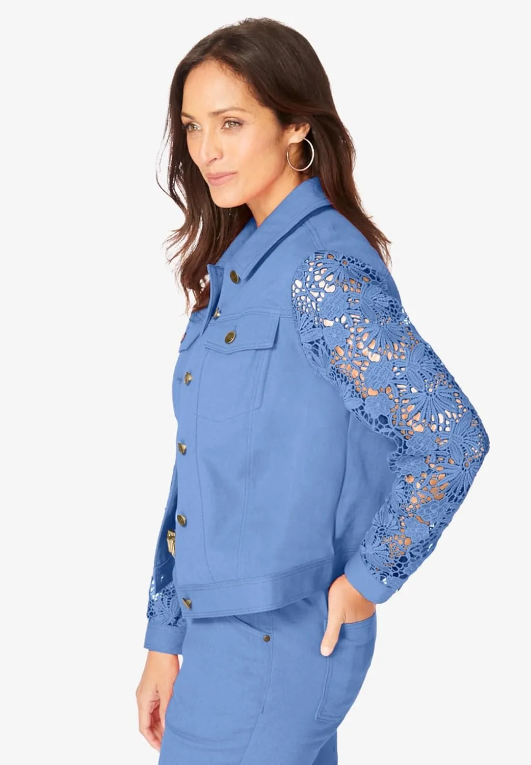 Jessica London Women's Plus Size Lace Sleeve Denim Jacket