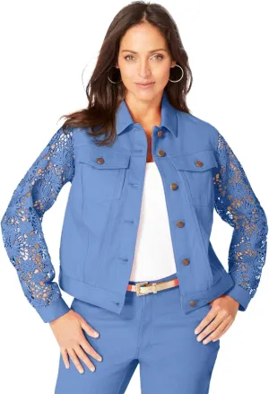 Jessica London Women's Plus Size Lace Sleeve Denim Jacket