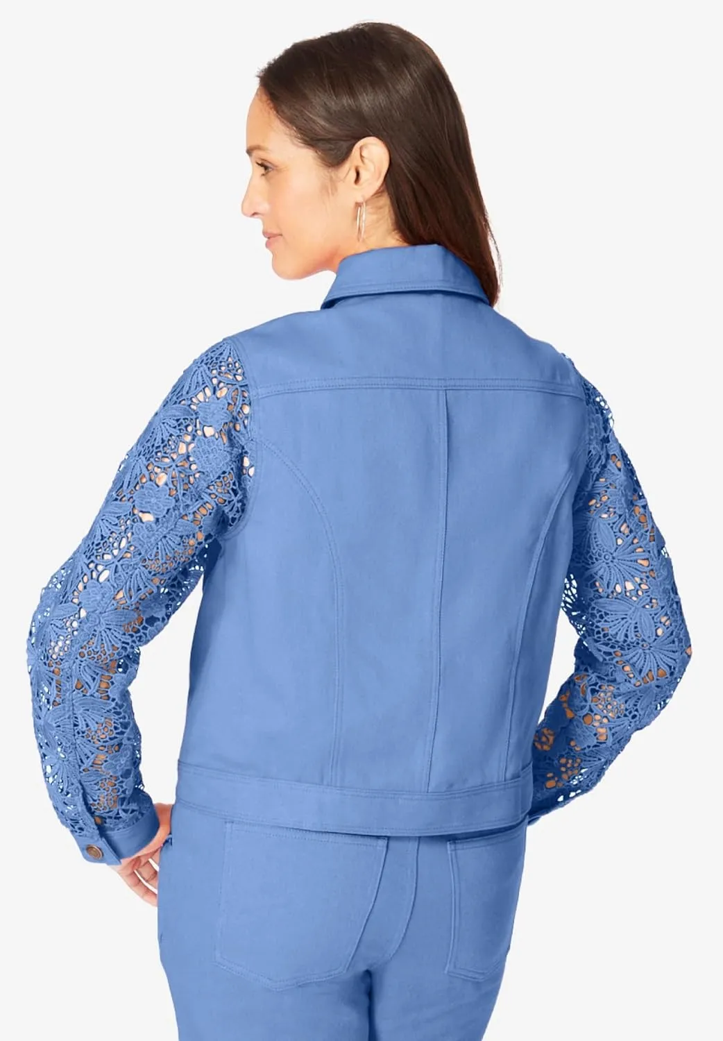 Jessica London Women's Plus Size Lace Sleeve Denim Jacket