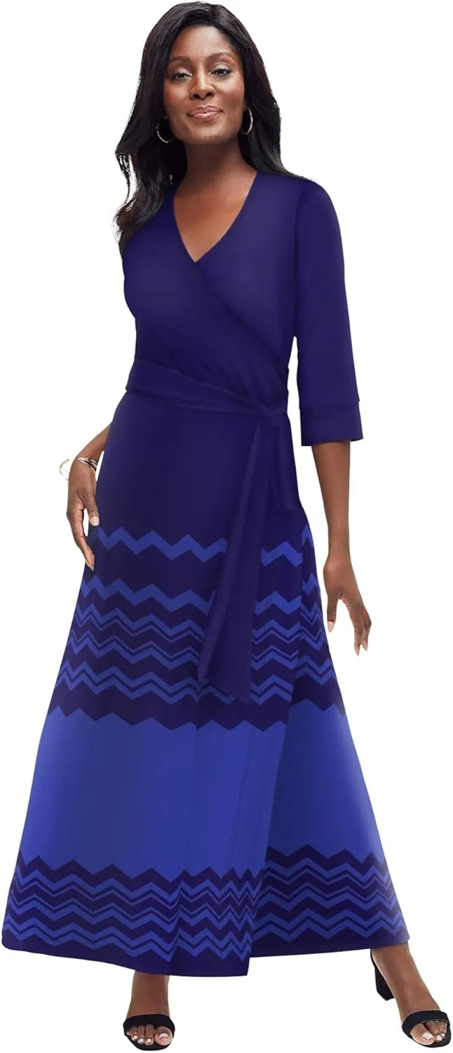 Jessica London Women's Plus Size Stretch Knit Faux Wrap Maxi Dress
