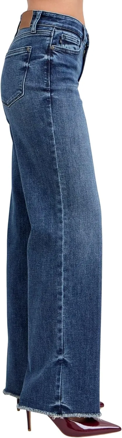 Judy Blue Women's Mid-Rise Tinted Wide Leg Jeans with Raw Hems