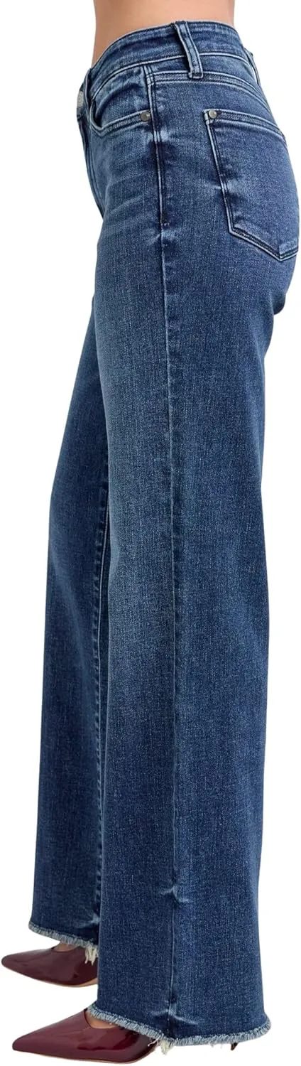 Judy Blue Women's Mid-Rise Tinted Wide Leg Jeans with Raw Hems