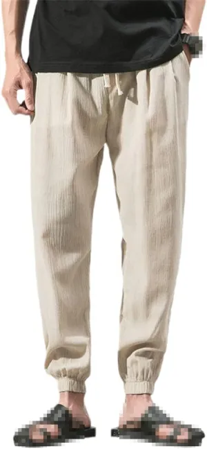 keusyoi Chinese Style Jogger Harem Pants Men Cotton Linen Sweatpants Men Casual Lightweight Trousers Summer Men Pants