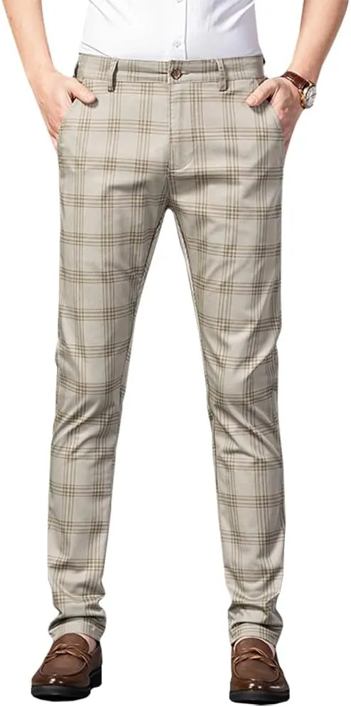 Kinghua Mens Plaid Pants Casual Stretch Slim Fit Dress Chinos Pants