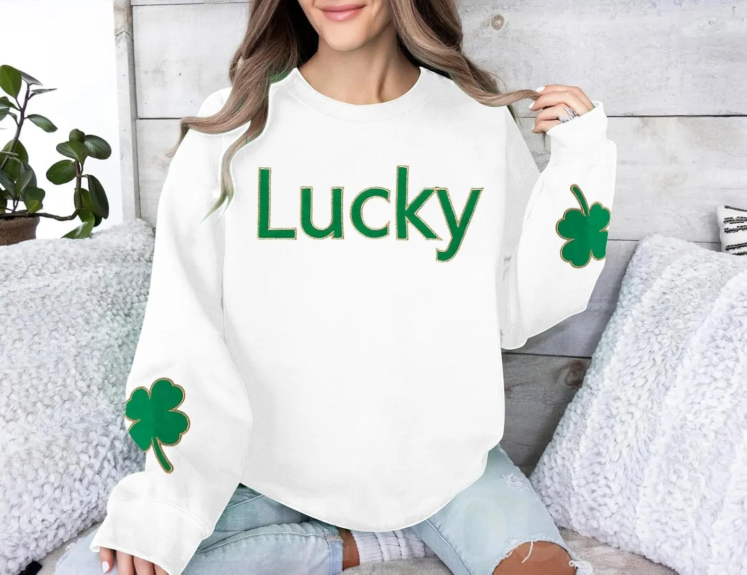 KNEYATTA St. Patrick's Day Sweatshirt Women Lucky Clover Sweatshirts Shamrock Pullover Long Sleeve Graphic Tops