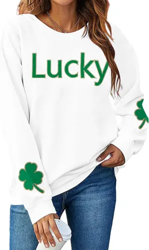 KNEYATTA St. Patrick's Day Sweatshirt Women Lucky Clover Sweatshirts Shamrock Pullover Long Sleeve Graphic Tops