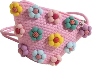 Korean Fashion Colorful Fabric Floral Woven Bucket Bag Small Shoulder Purse Beach Vacation Crossbody Bag for Women Girls