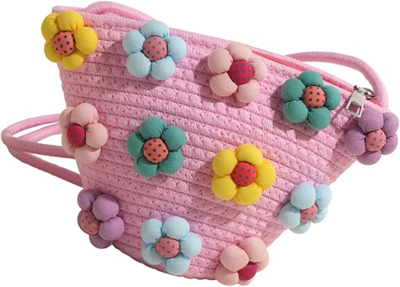 Korean Fashion Colorful Fabric Floral Woven Bucket Bag Small Shoulder Purse Beach Vacation Crossbody Bag for Women Girls