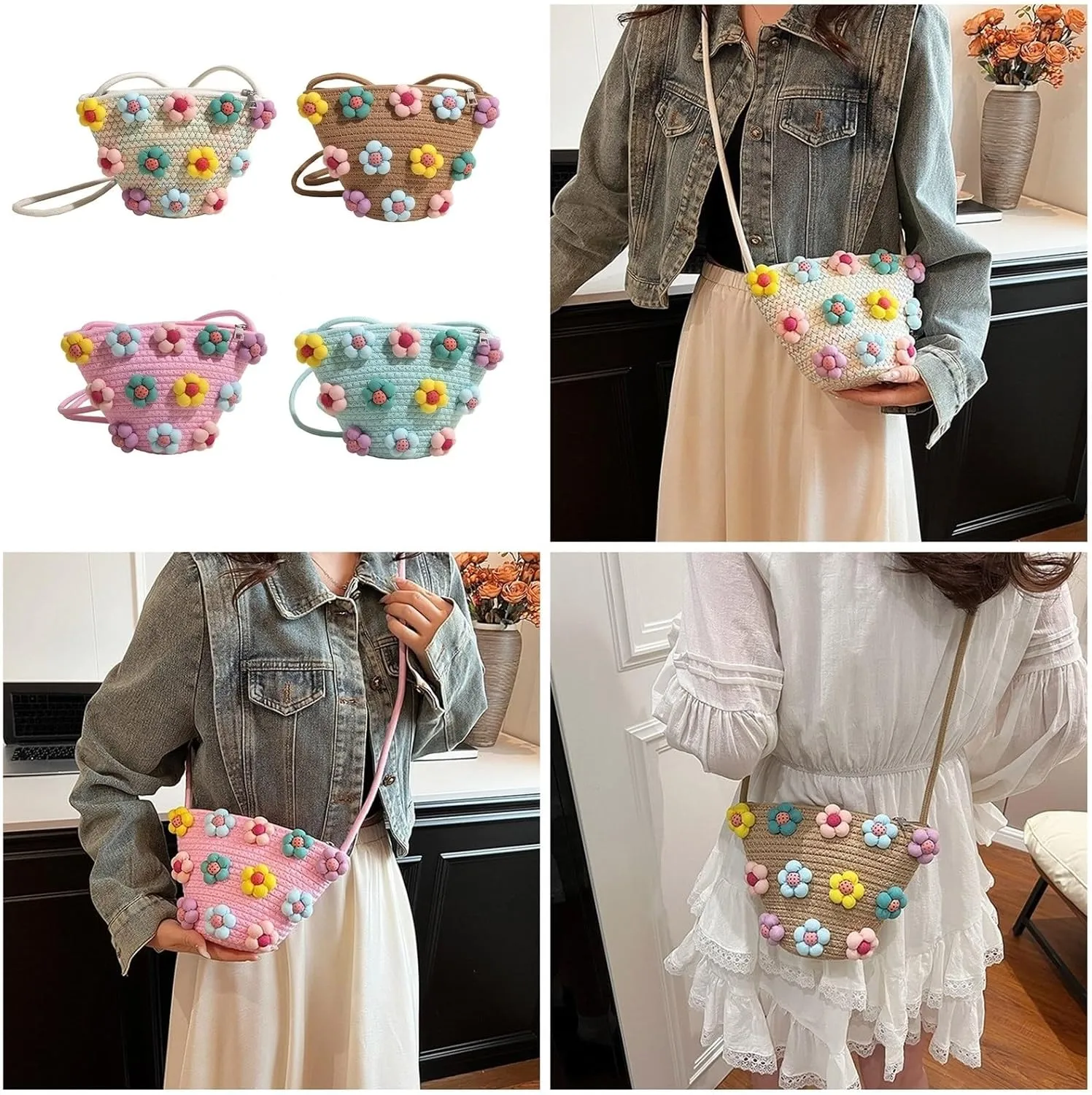 Korean Fashion Colorful Fabric Floral Woven Bucket Bag Small Shoulder Purse Beach Vacation Crossbody Bag for Women Girls