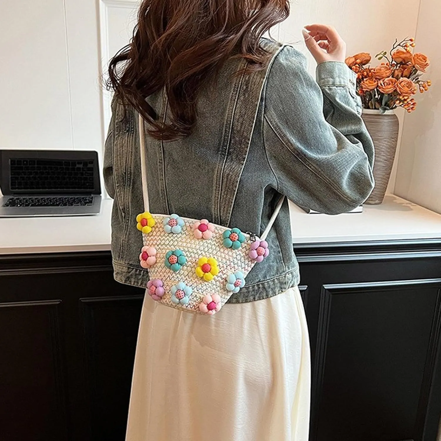 Korean Fashion Colorful Fabric Floral Woven Bucket Bag Small Shoulder Purse Beach Vacation Crossbody Bag for Women Girls