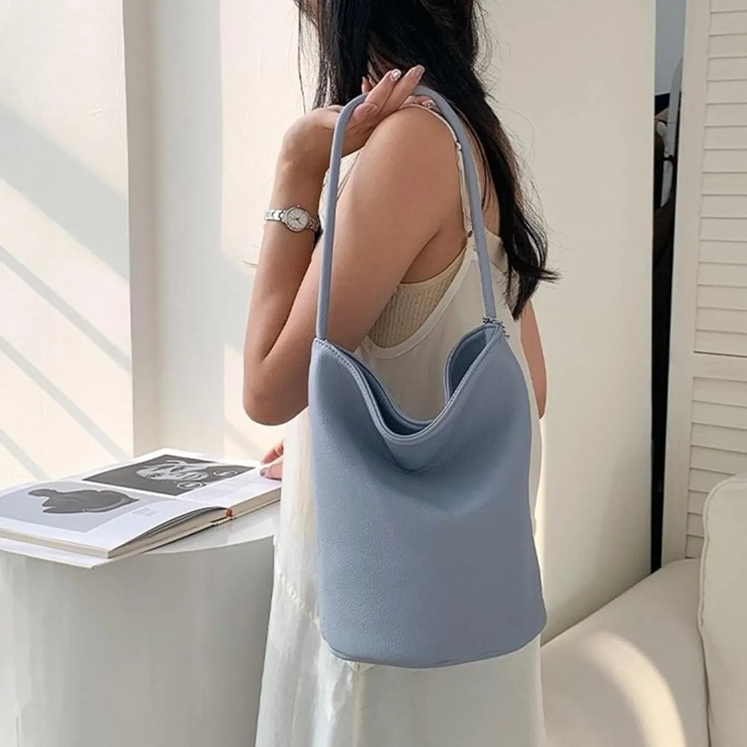 Korean Women Soft PU Leather Shoulder Bag Simple Solid Color Large Capacity Bucket Bag Casual Shopping Handbag