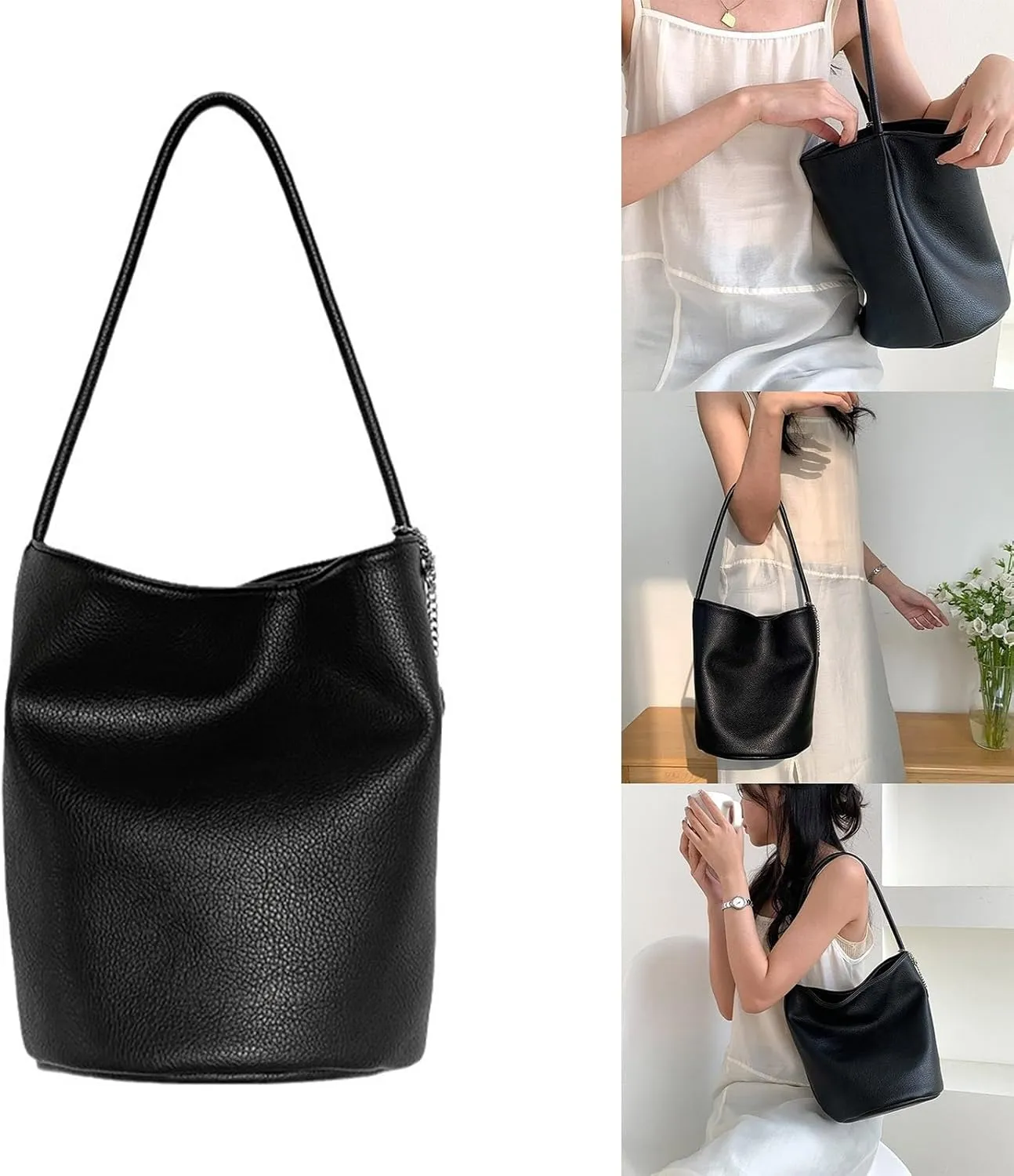 Korean Women Soft PU Leather Shoulder Bag Simple Solid Color Large Capacity Bucket Bag Casual Shopping Handbag