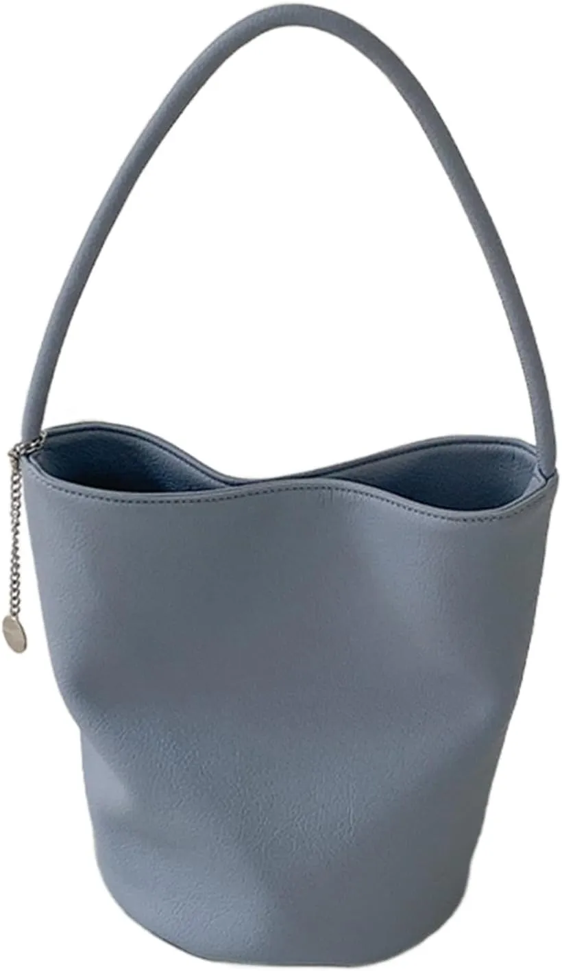 Korean Women Soft PU Leather Shoulder Bag Simple Solid Color Large Capacity Bucket Bag Casual Shopping Handbag