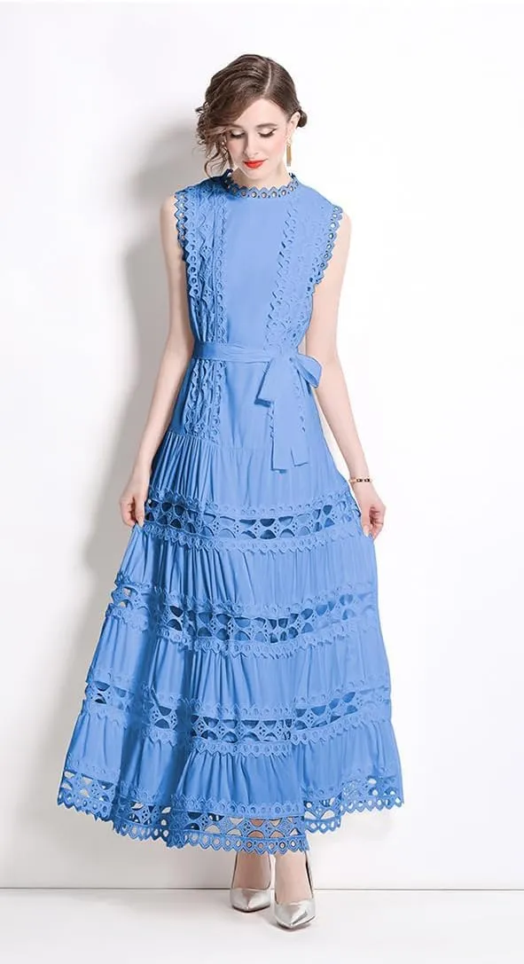 LAI MENG FIVE CATS Women Sleeveless Hollow Out Maxi Dress Casual Wedding Guest Long Dress with Belt