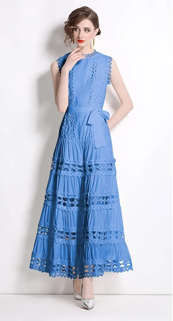 LAI MENG FIVE CATS Women Sleeveless Hollow Out Maxi Dress Casual Wedding Guest Long Dress with Belt