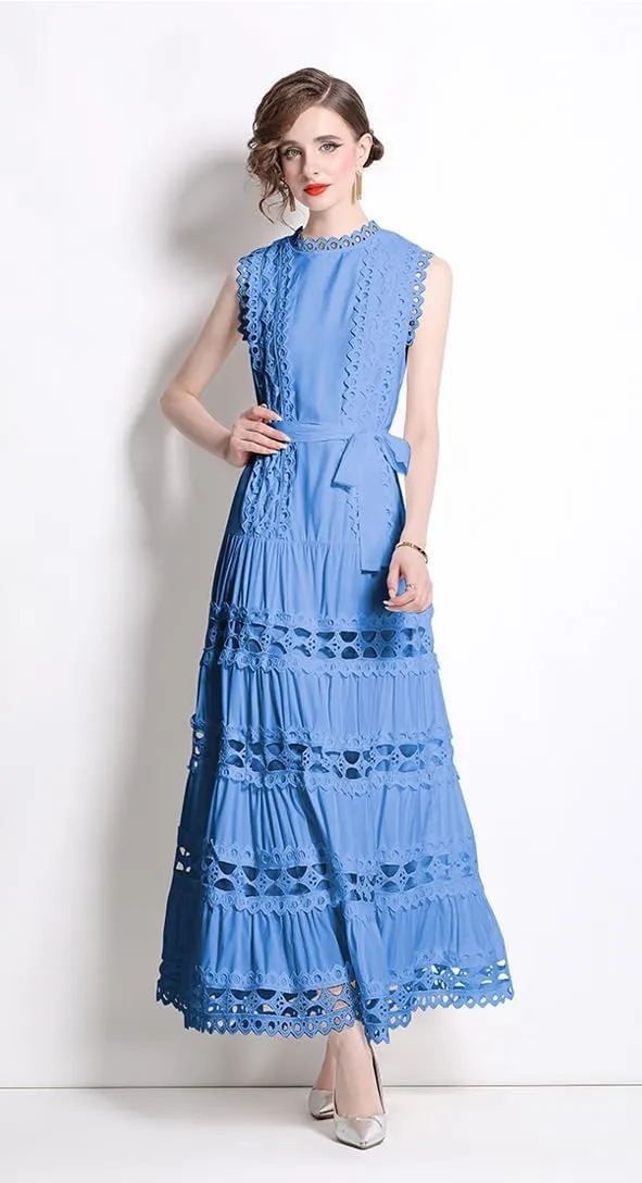LAI MENG FIVE CATS Women Sleeveless Hollow Out Maxi Dress Casual Wedding Guest Long Dress with Belt