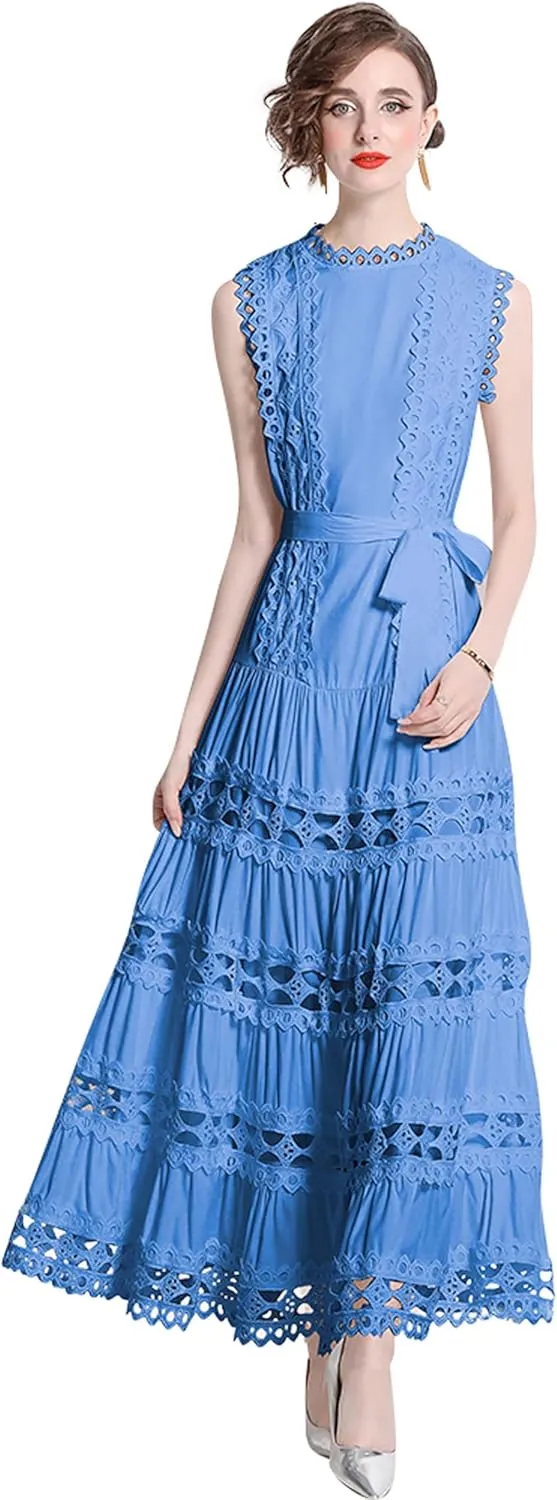 LAI MENG FIVE CATS Women Sleeveless Hollow Out Maxi Dress Casual Wedding Guest Long Dress with Belt