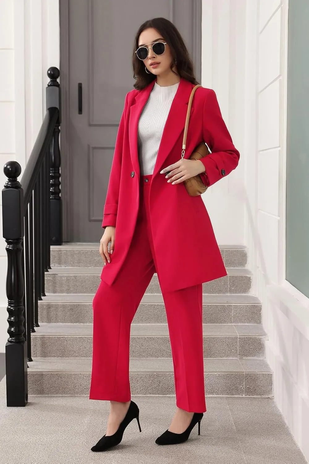 Lamgool Women's Suit 2 Piece Long Blazer Set Ladies Jacket Pantsuit Casual Outfits for Fall
