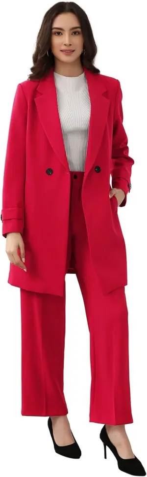 Lamgool Women's Suit 2 Piece Long Blazer Set Ladies Jacket Pantsuit Casual Outfits for Fall