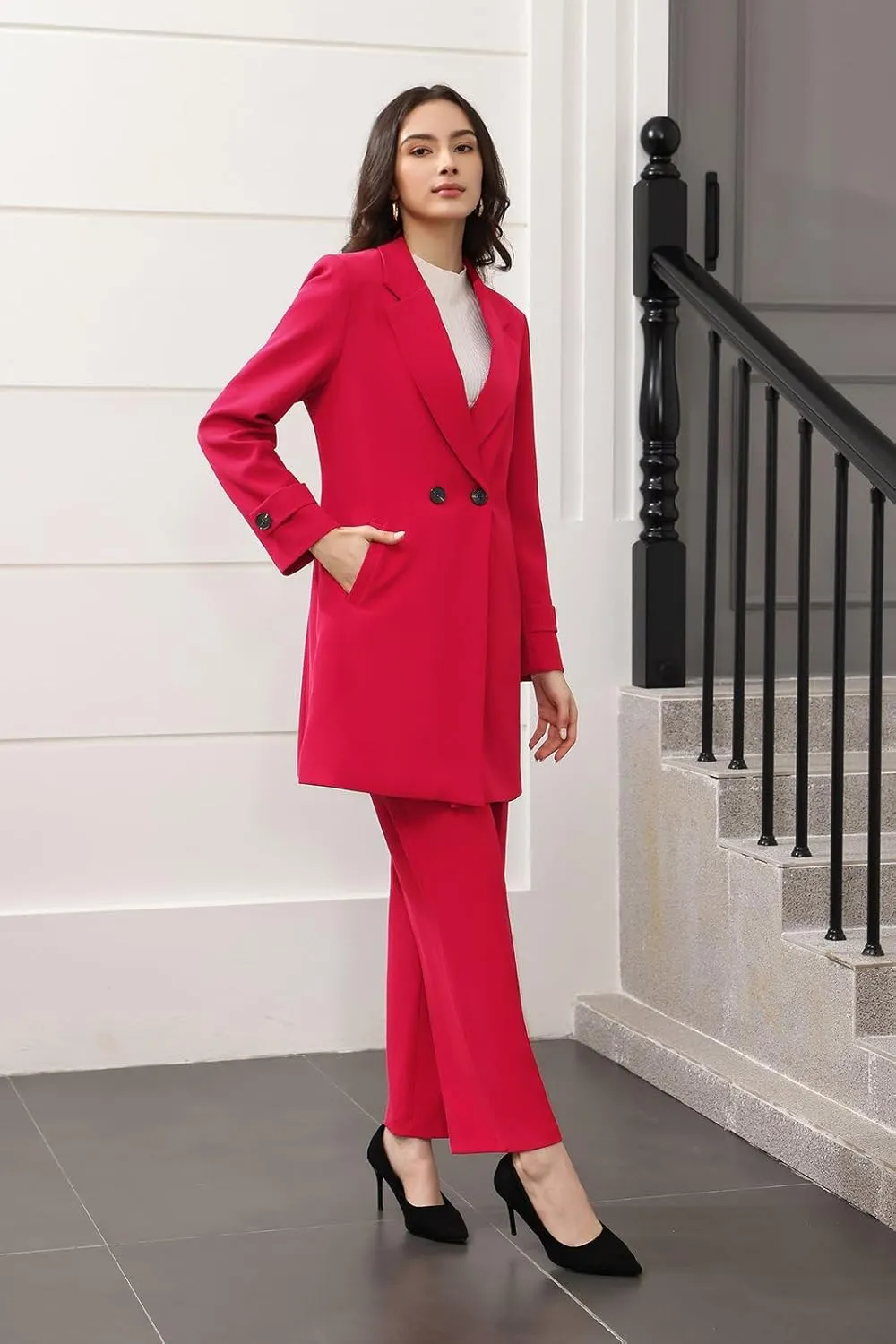 Lamgool Women's Suit 2 Piece Long Blazer Set Ladies Jacket Pantsuit Casual Outfits for Fall