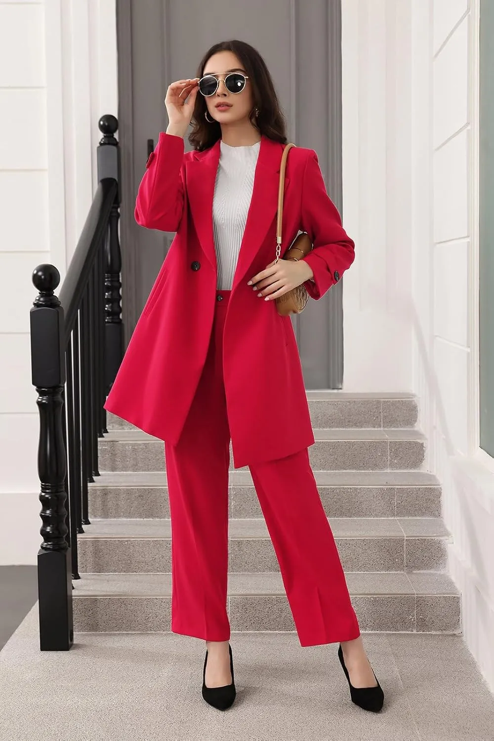 Lamgool Women's Suit 2 Piece Long Blazer Set Ladies Jacket Pantsuit Casual Outfits for Fall