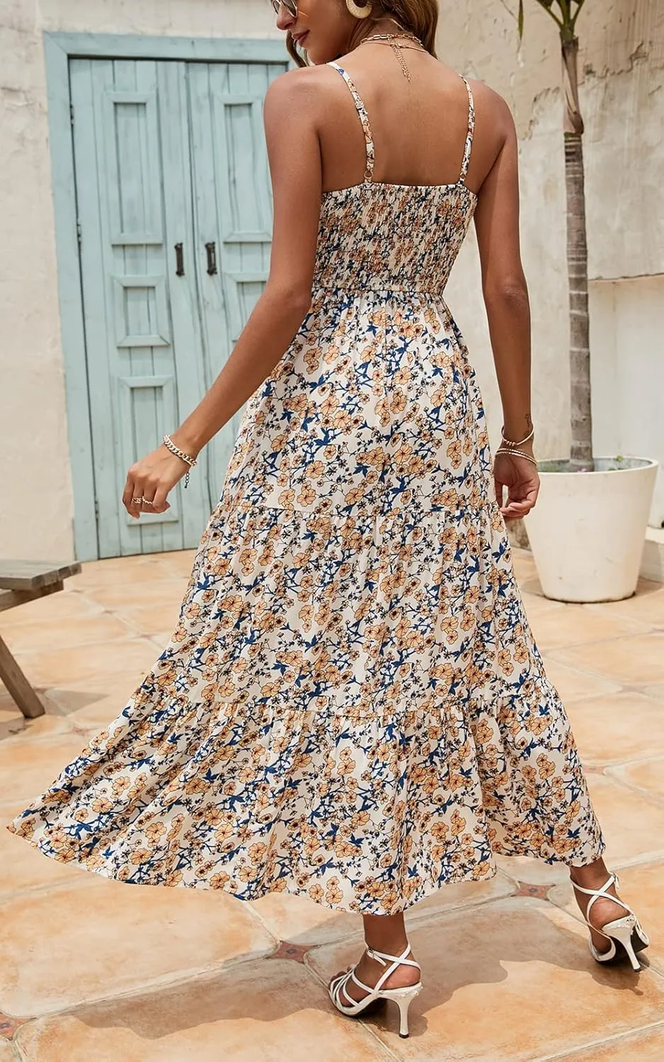 Lamilus Sundresses for Women Summer Casual Floral Dresses Sleeveless Spaghetti Strap Smocked Tiered Beach Party Maxi Dress