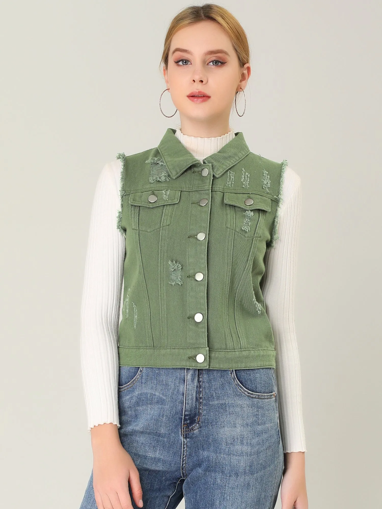 Lapel Button Closure Sleeveless Washed Distressed Denim Vest