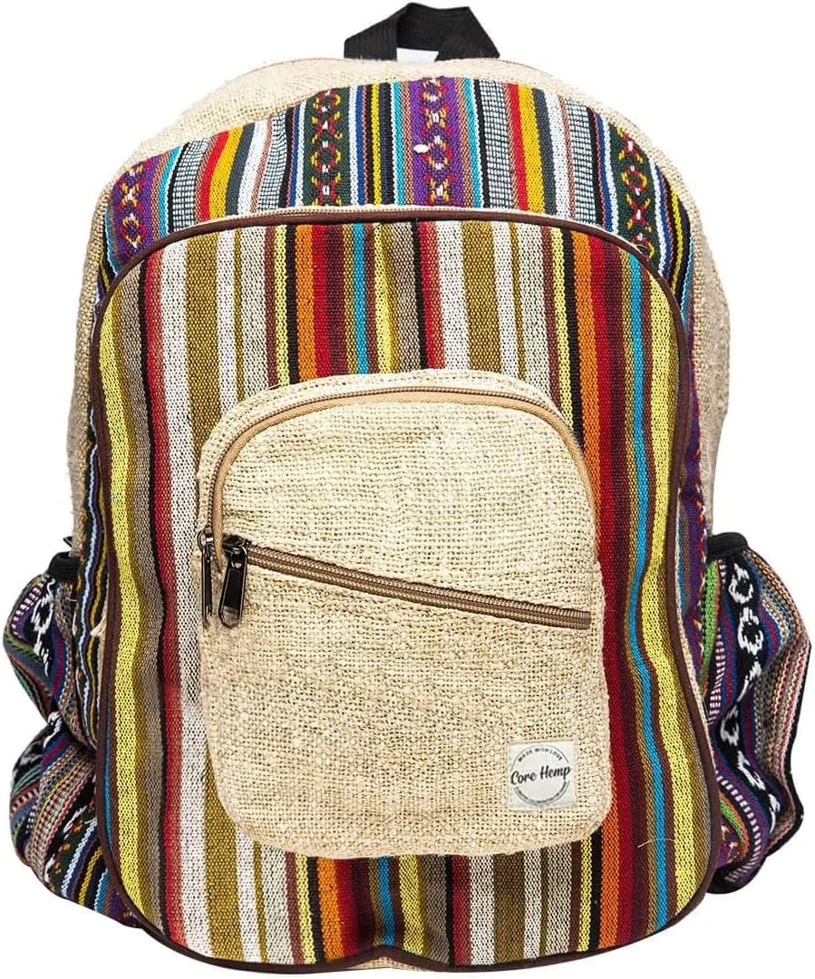 Large Boho Hippie Hemp Backpack - Lightweight Multi-Pocket Bookbag for College, Travel, and Hiking, Fits up to 15.6" Laptop, For Men and Women