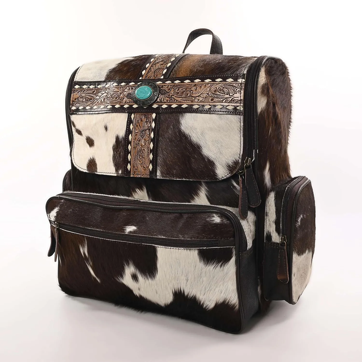 Leather Laptop Backpack Purse for Women Cowhide Hair on Genuine Leather Bag Hand Tooled Western Design Ladies Shoulder Bag for Travel Fashion Daily Use